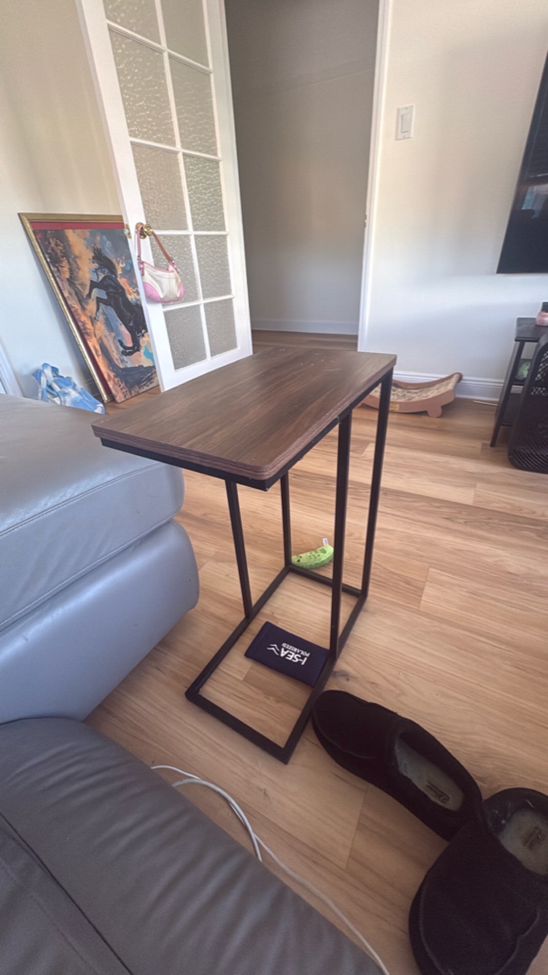 Modern Wood and Metal C-Shaped Side Table photo