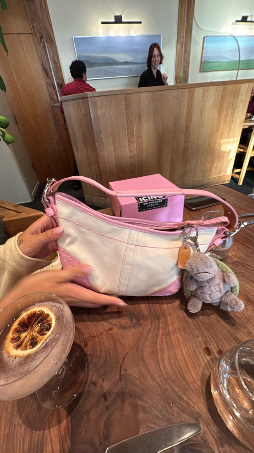 Pink and White Shoulder Bag with Plush Charm