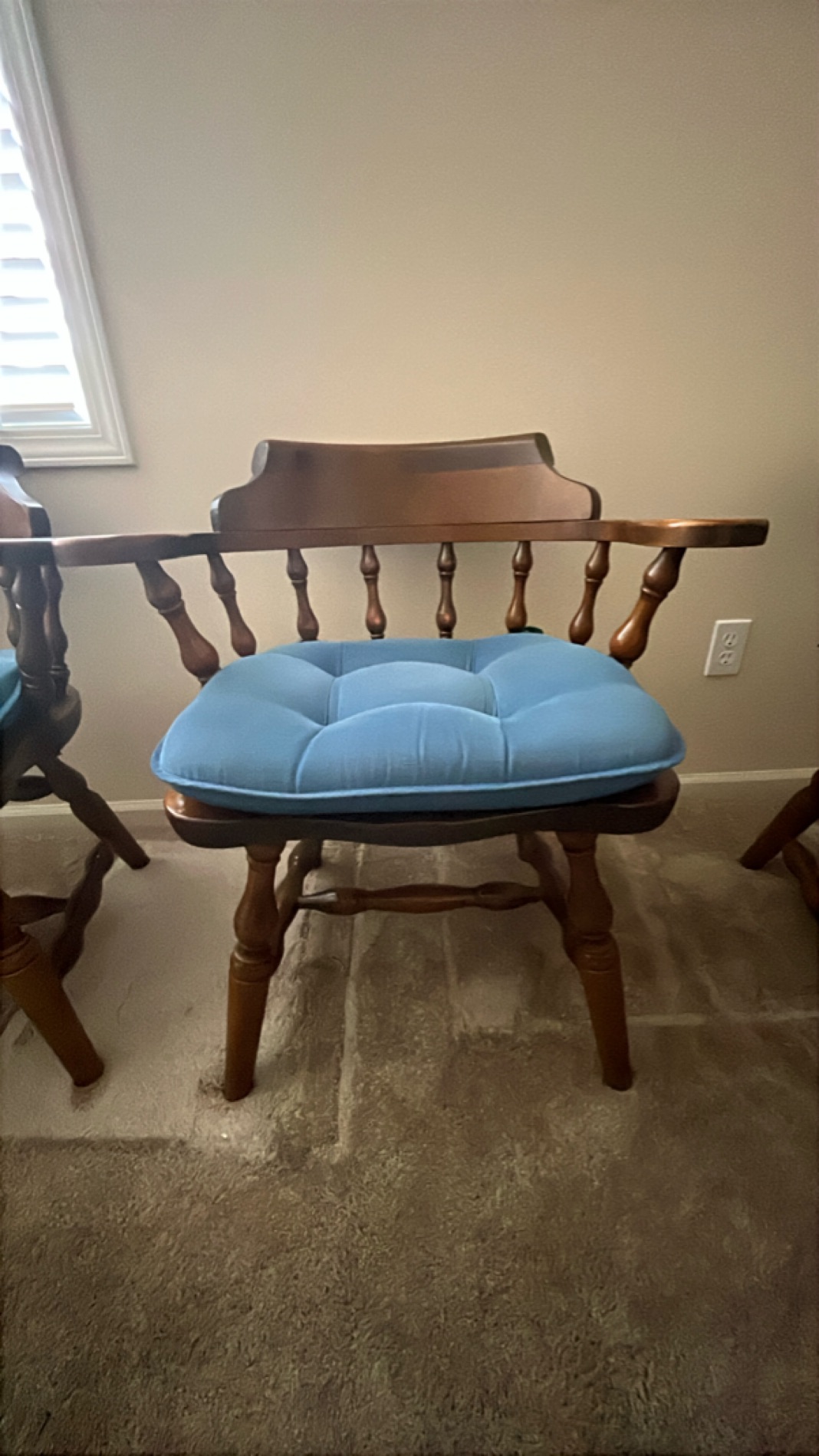 Vintage Wooden Armchair with Blue Cushion