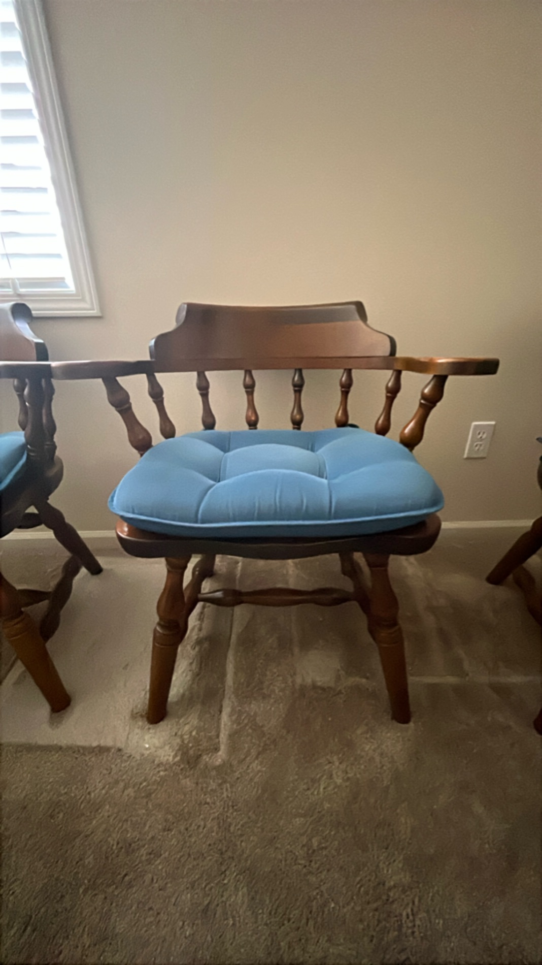 Vintage Wooden Dining Chair with Blue Cushion