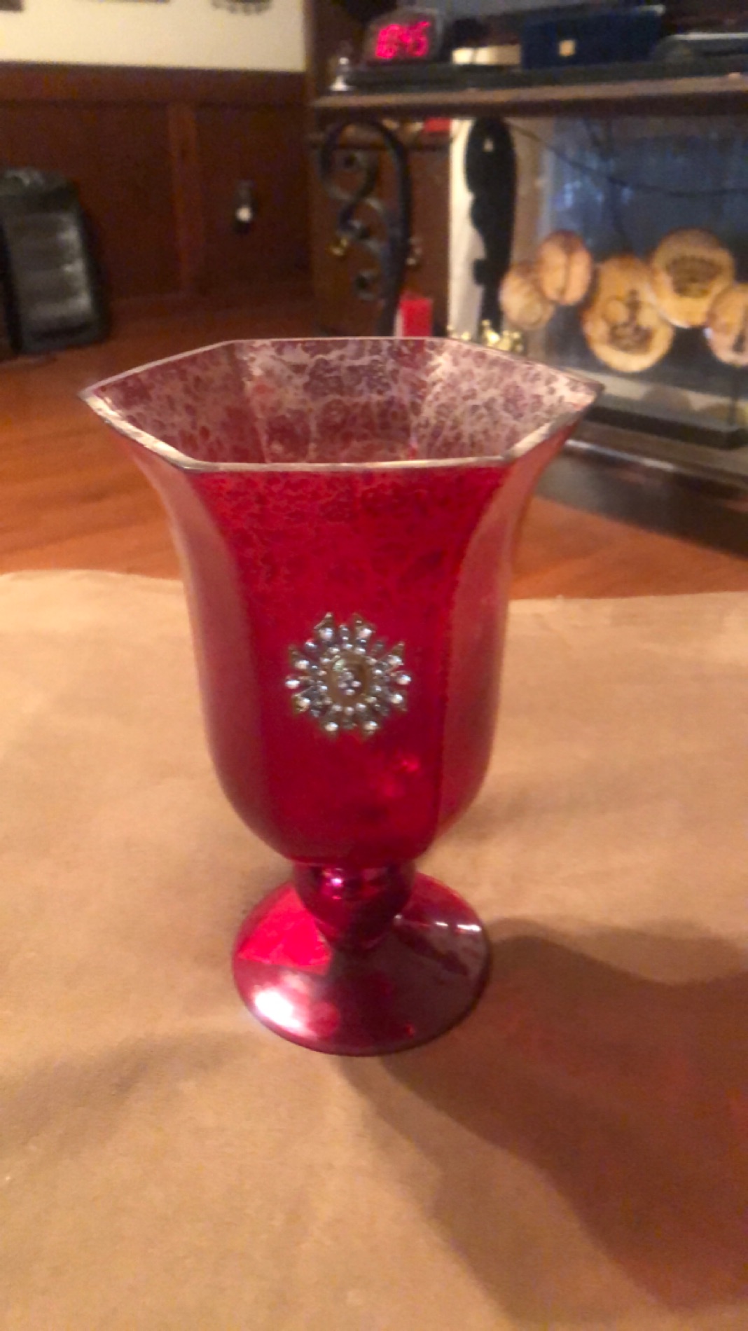 Decorative Red Glass Vase with Embellishment