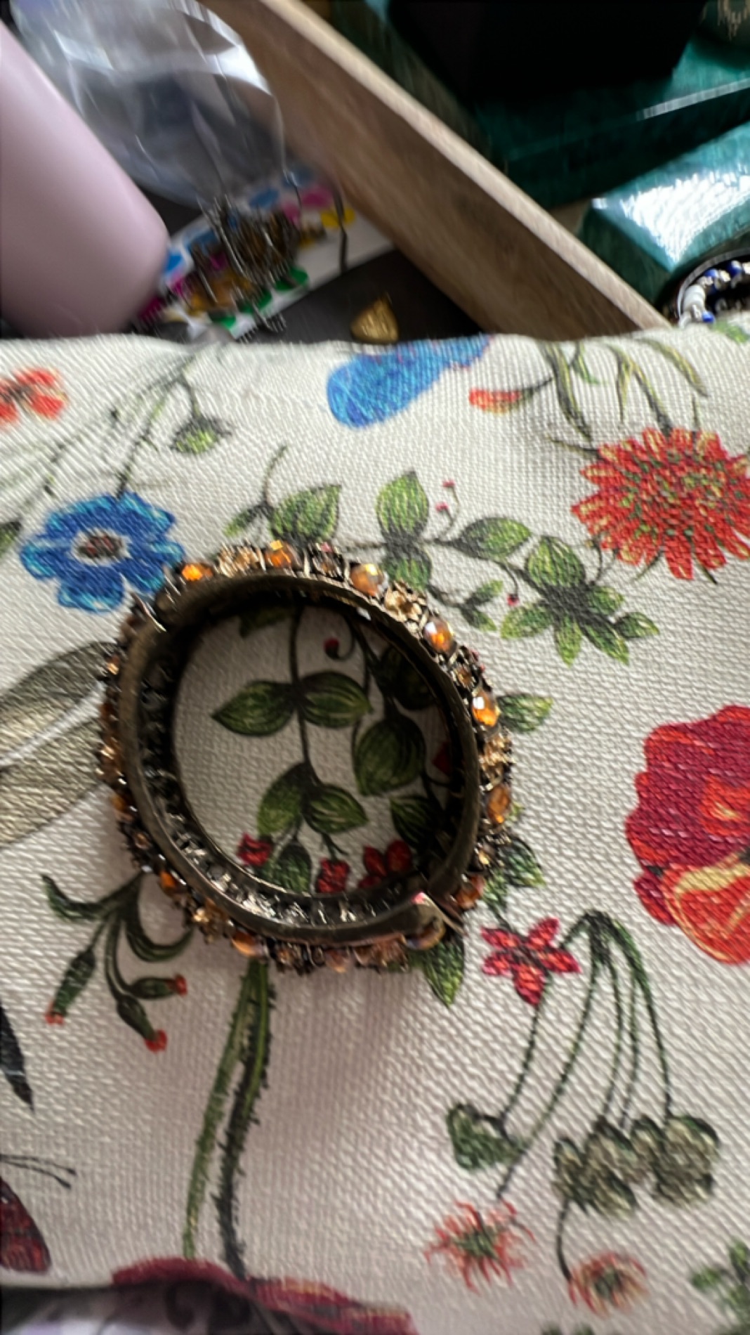 Vintage Floral Pattern Jewelry Box with Rhinestone Bangle