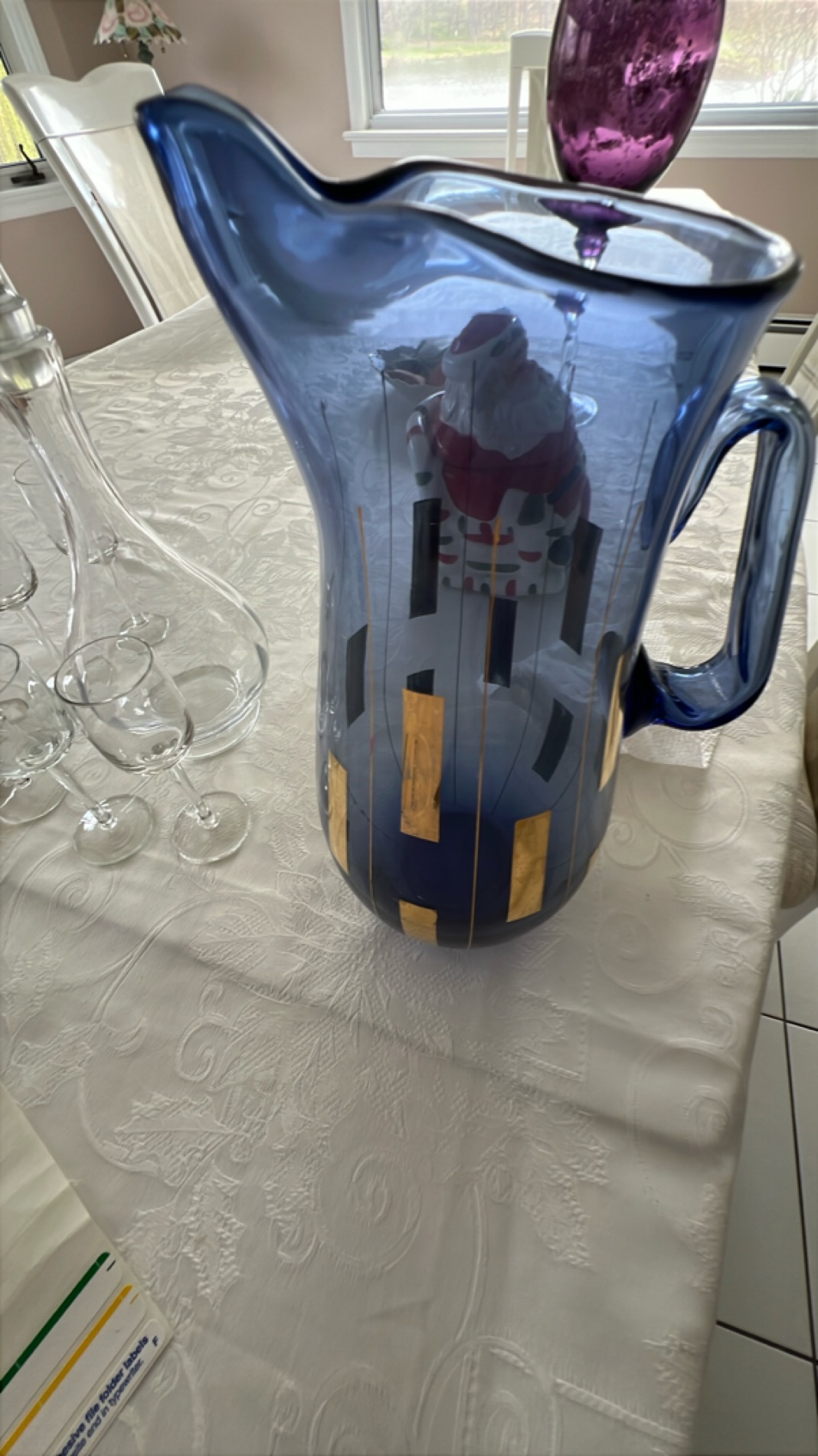 Vintage Blue Glass Pitcher with Gold Accents