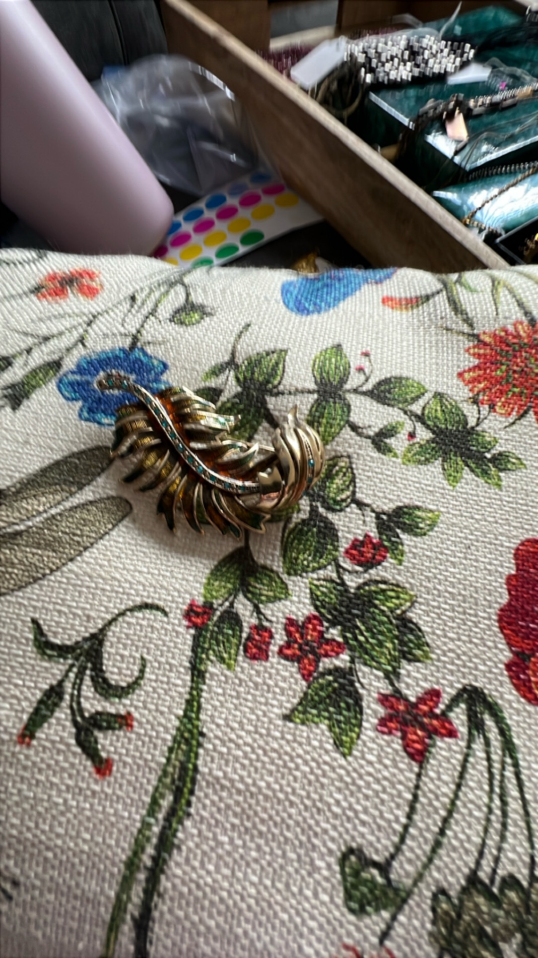 Vintage Feather Brooch with Rhinestone Accents