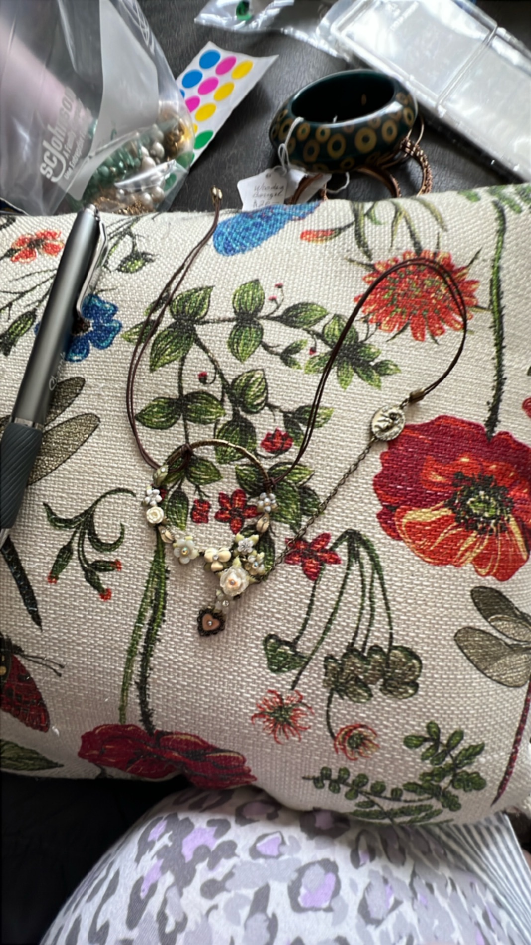 Floral Necklace with Brown Cord