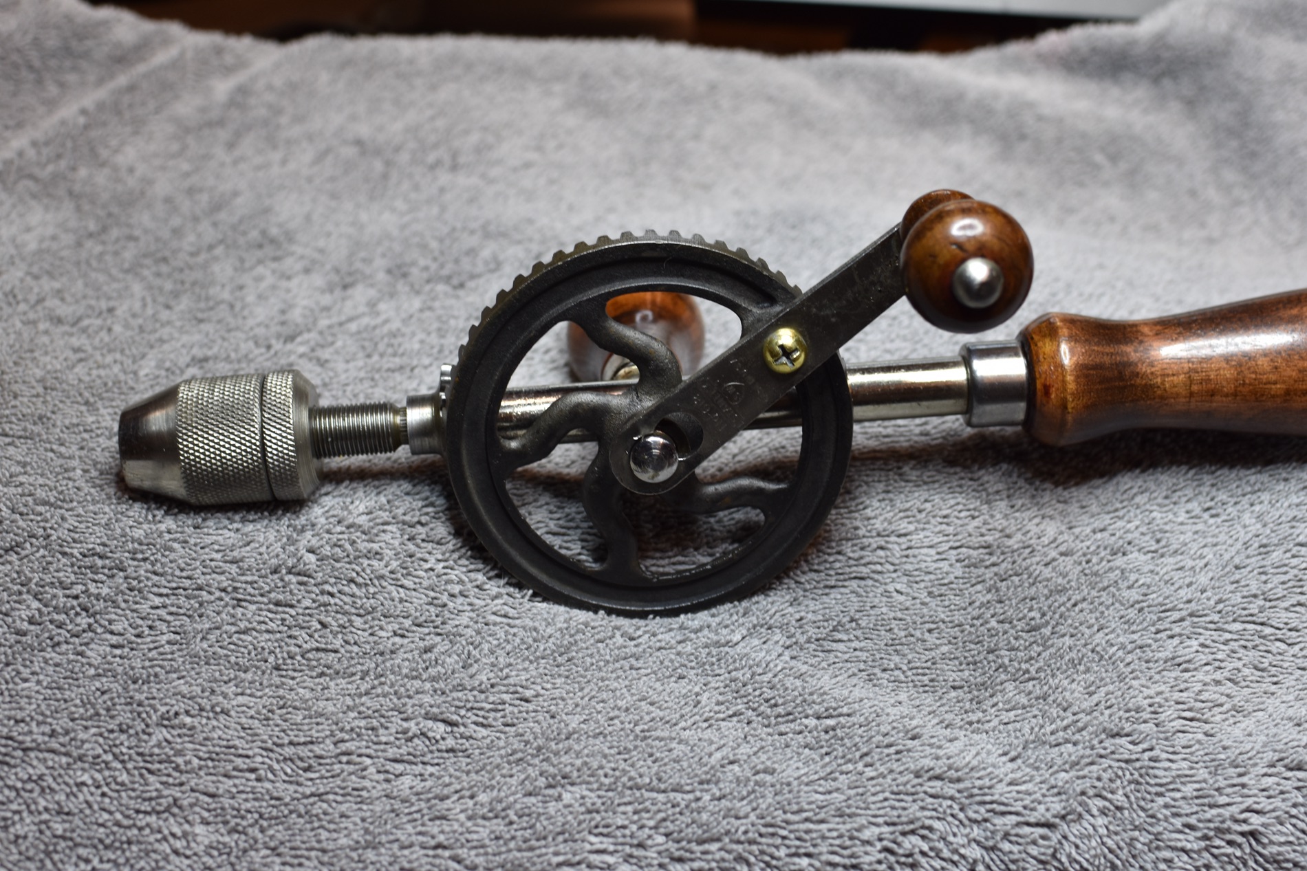 Vintage Hand Drill with Wooden Handle