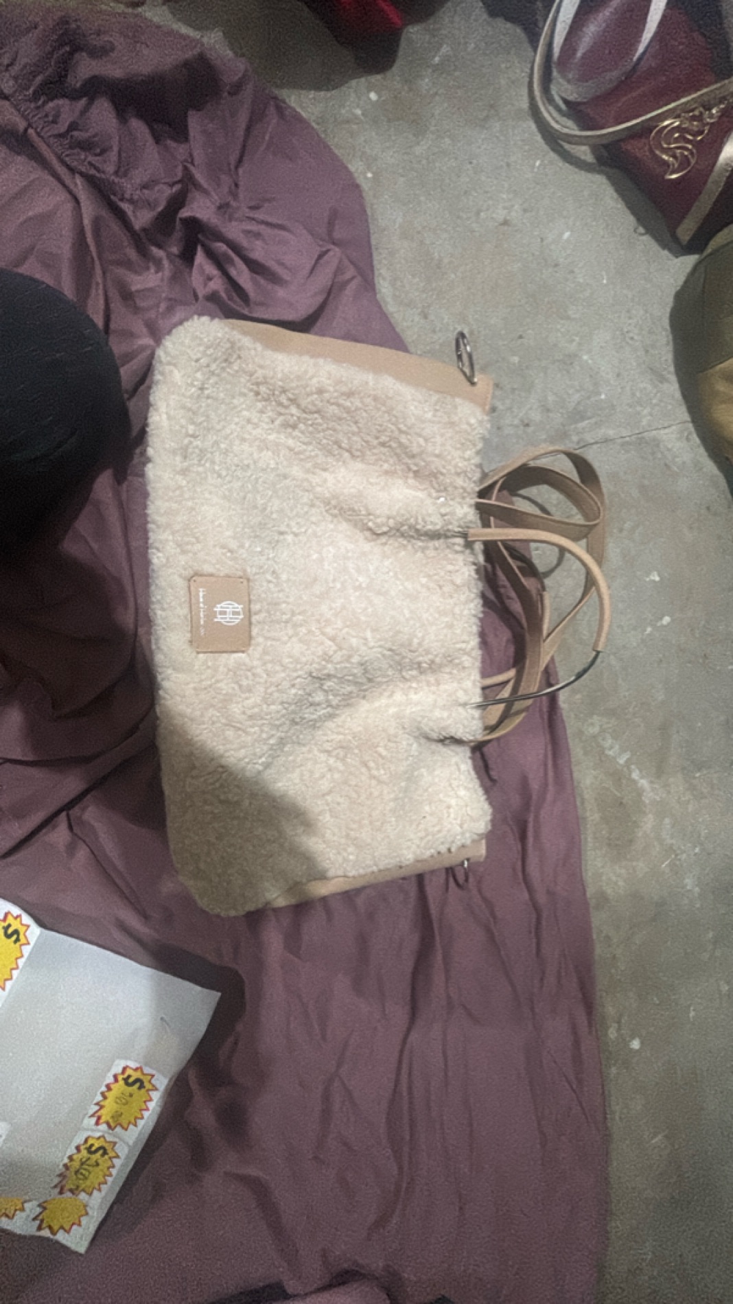 Faux Shearling Beige Tote Bag with Leather Straps