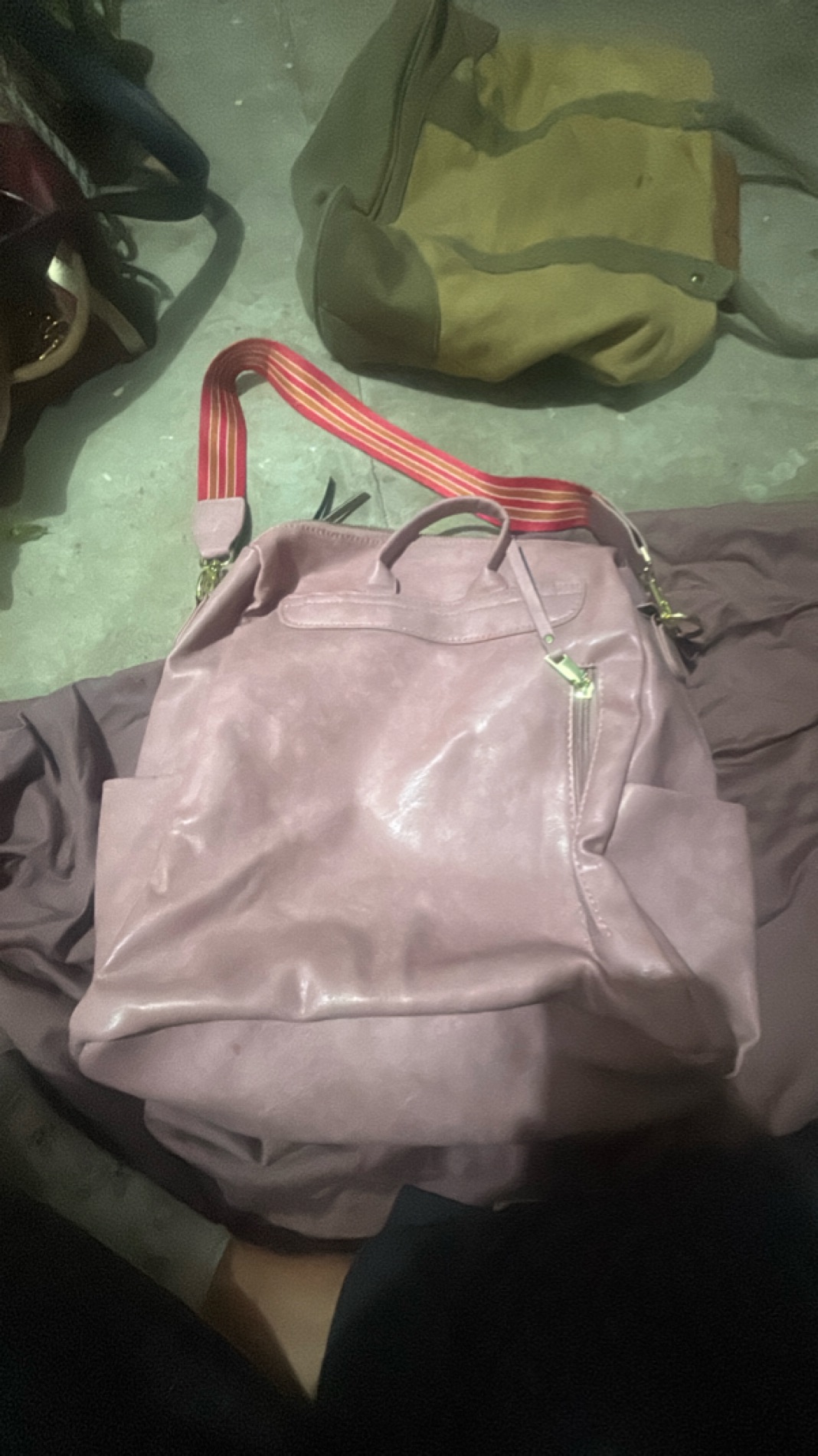 Soft Pink Leather Shoulder Bag with Striped Strap