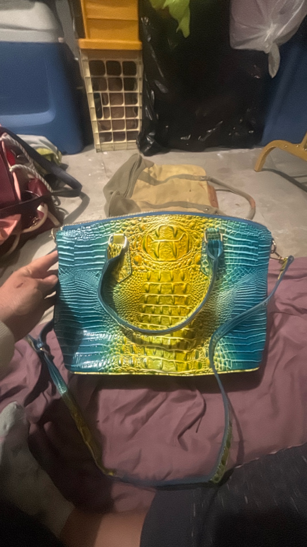 Croc-Embossed Multicolor Turquoise and Yellow Handbag