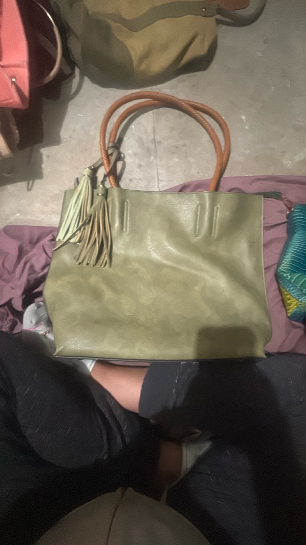 Olive Green Faux Leather Tote Bag with Tassels
