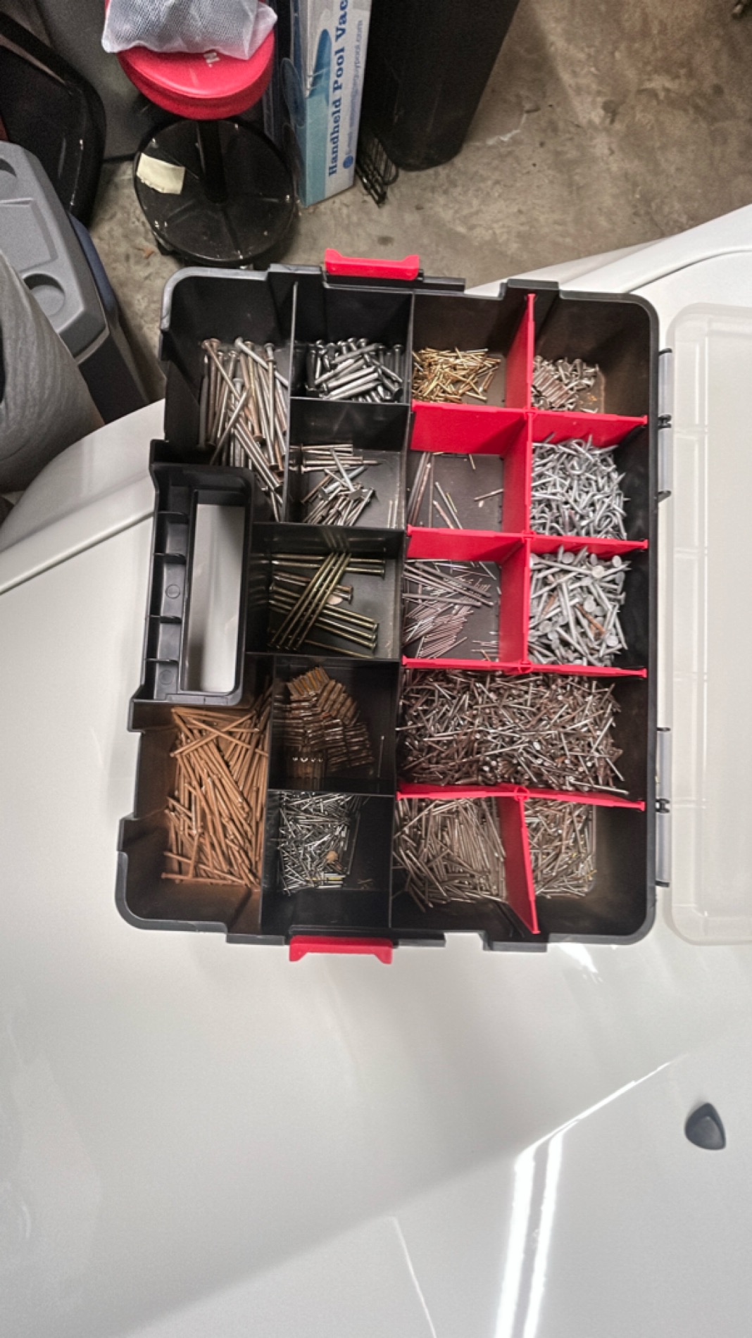 Assorted Nails and Screws in Organizer Box