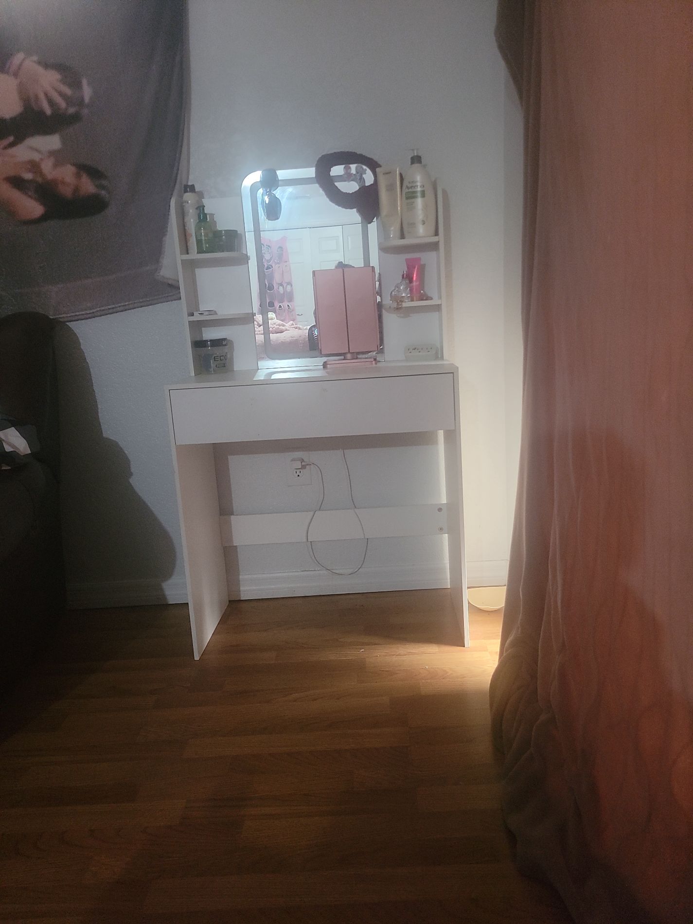 White Vanity Desk with Mirror and Shelves