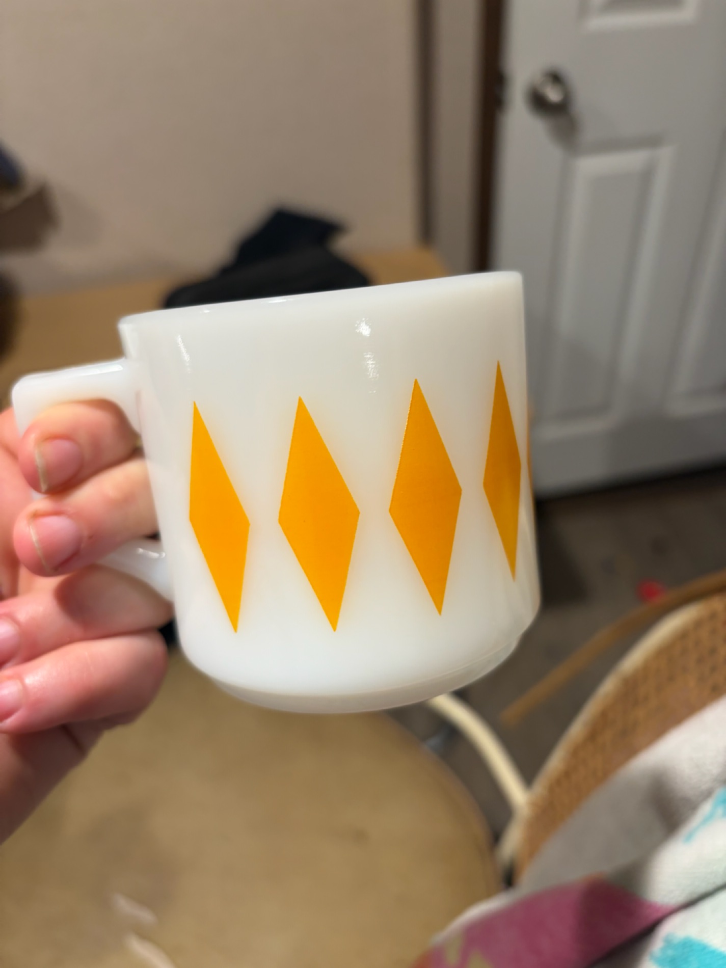 Mid-Century Modern Milk Glass Coffee Mug with Orange Diamond Pattern