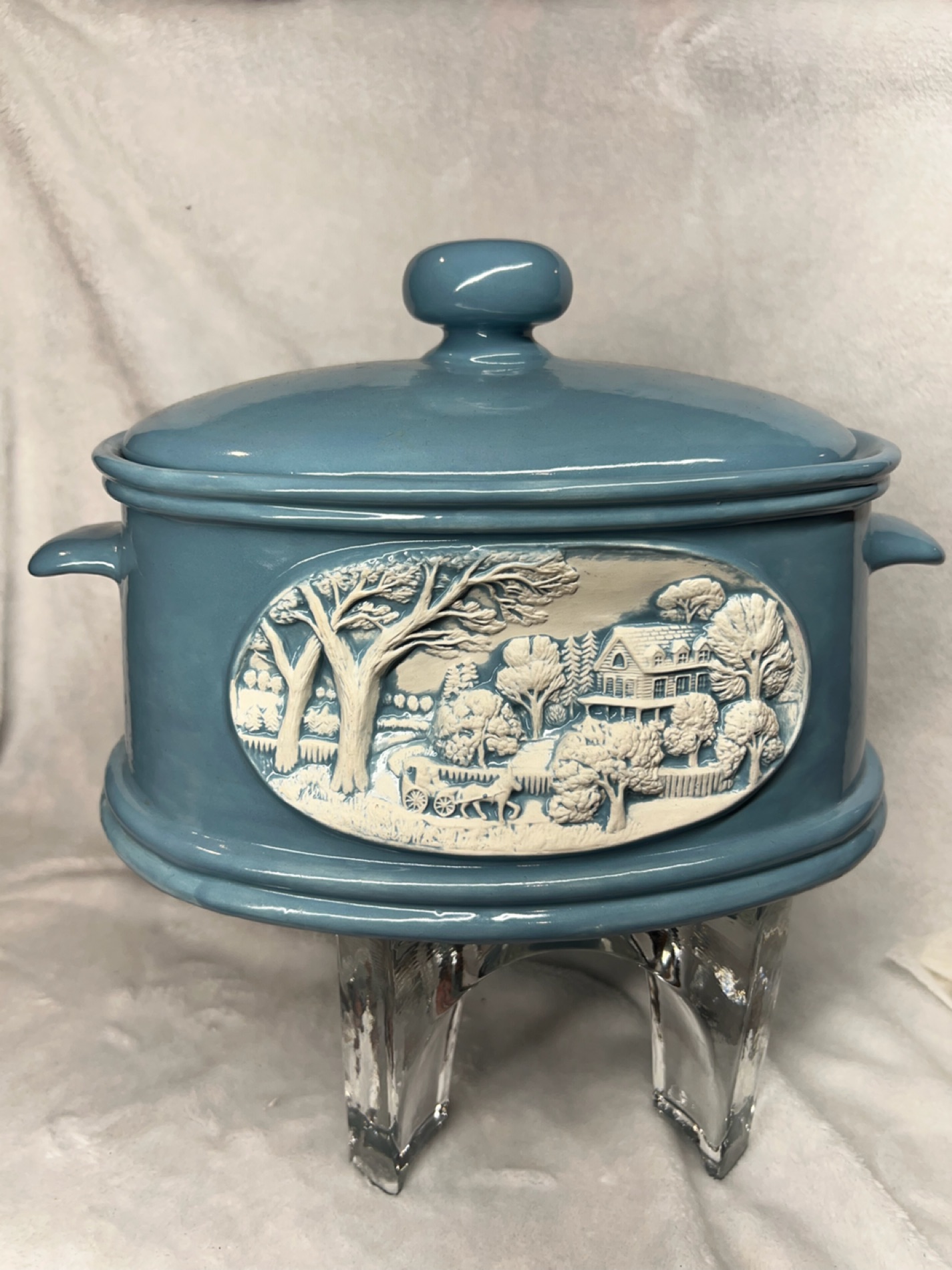 Blue Ceramic Casserole Dish with Scenic Design