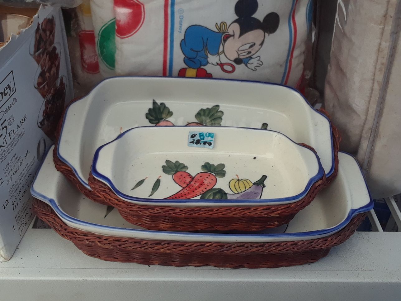 Set of Decorative Ceramic Baking Dishes with Wicker Trays