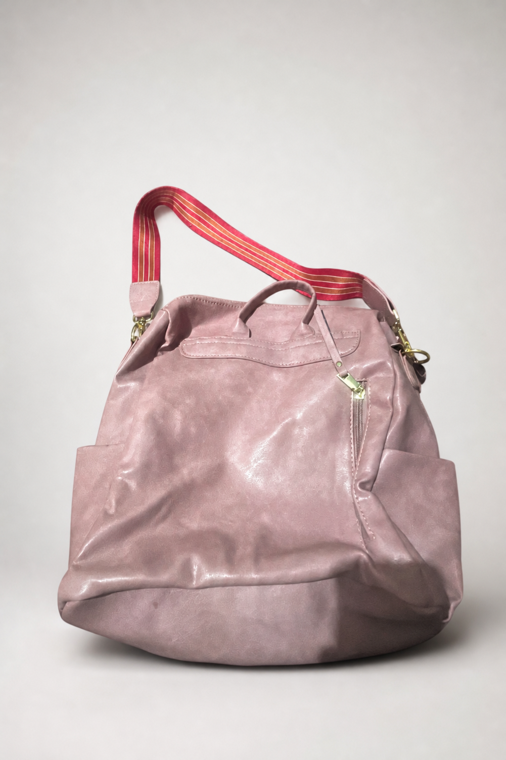 Soft Pink Leather Shoulder Bag with Striped Strap