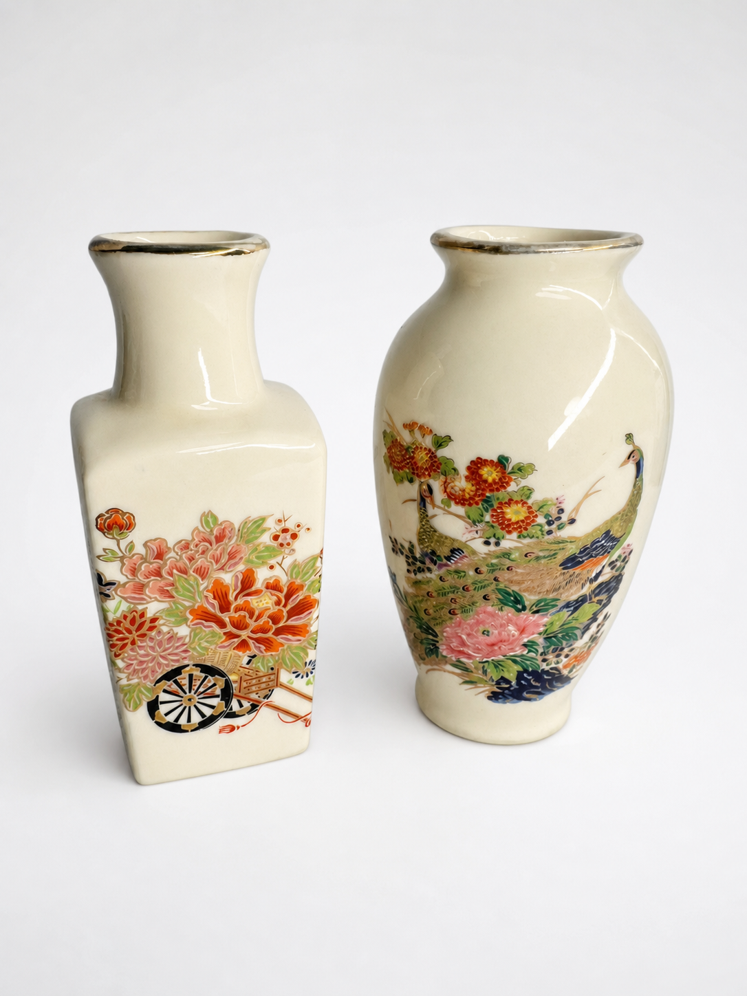 Set of Decorative Porcelain Vases with Floral and Peacock Designs