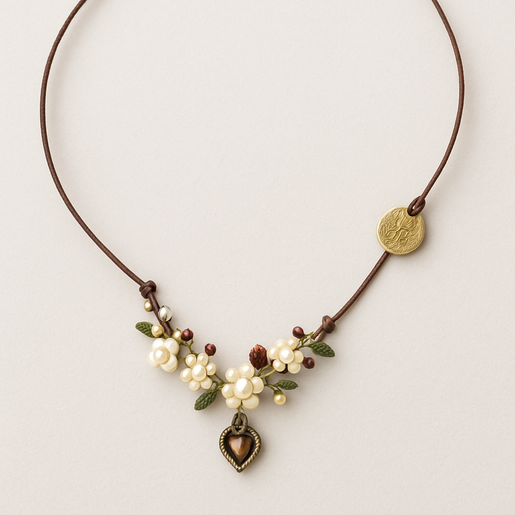 Floral Necklace with Brown Cord