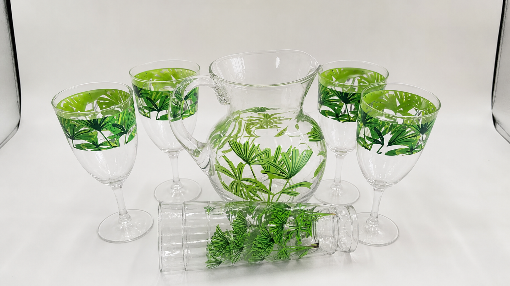 Green Leaf Glassware Set with Pitcher and Tumblers