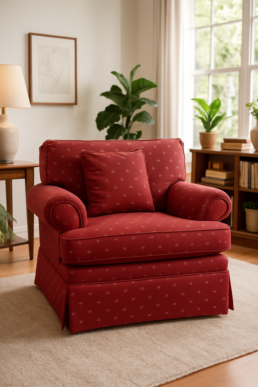 Plush Red Armchair with Rolled Arms