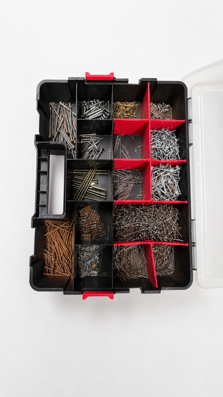 Assorted Nails and Screws in Organizer Box