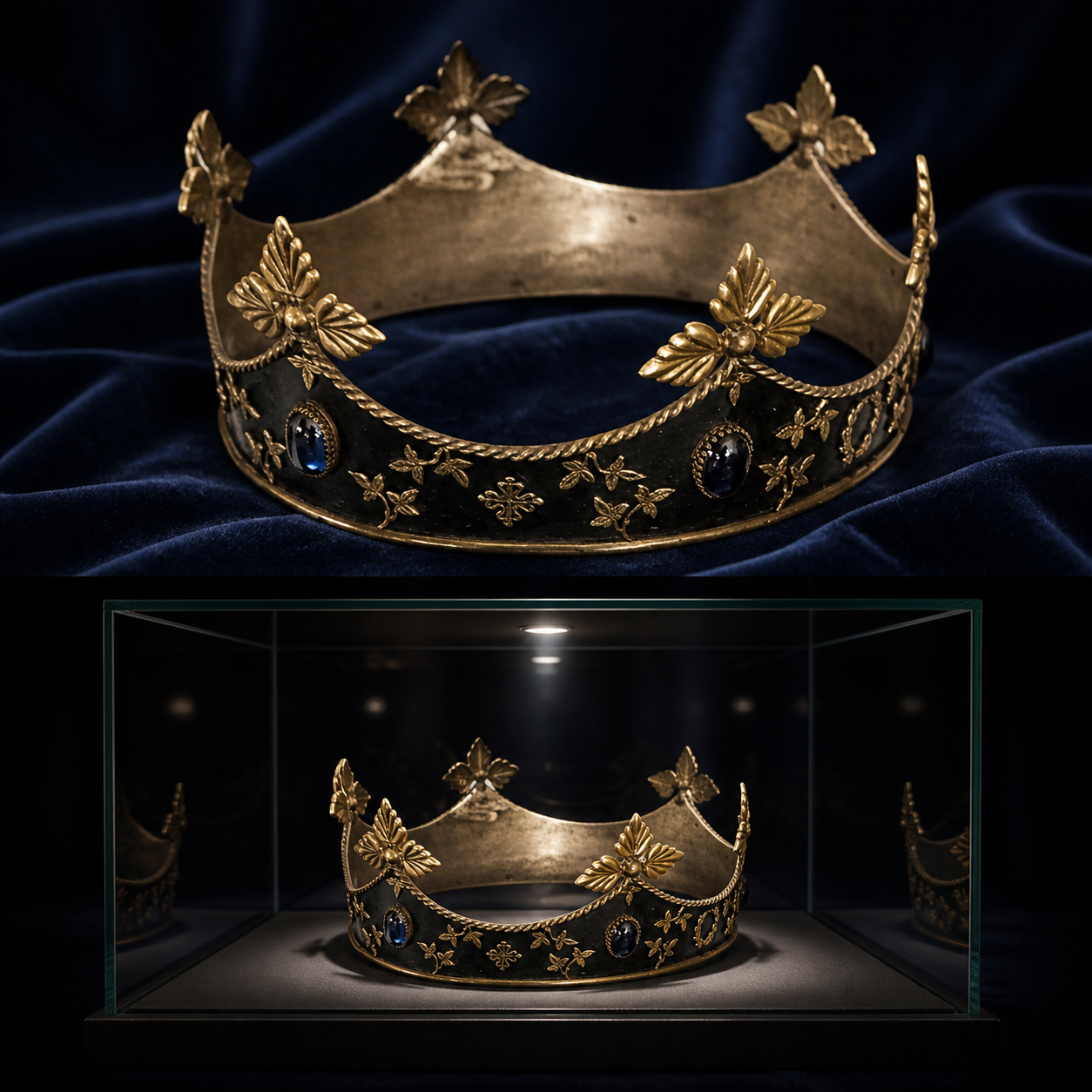 Gold-Tone Decorative Crown with Blue Jewel Accents