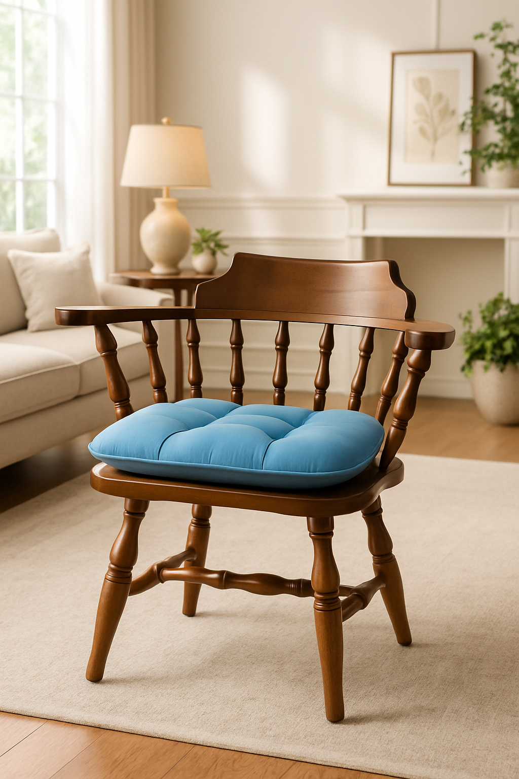 Wooden Dining Chair with Blue Cushion