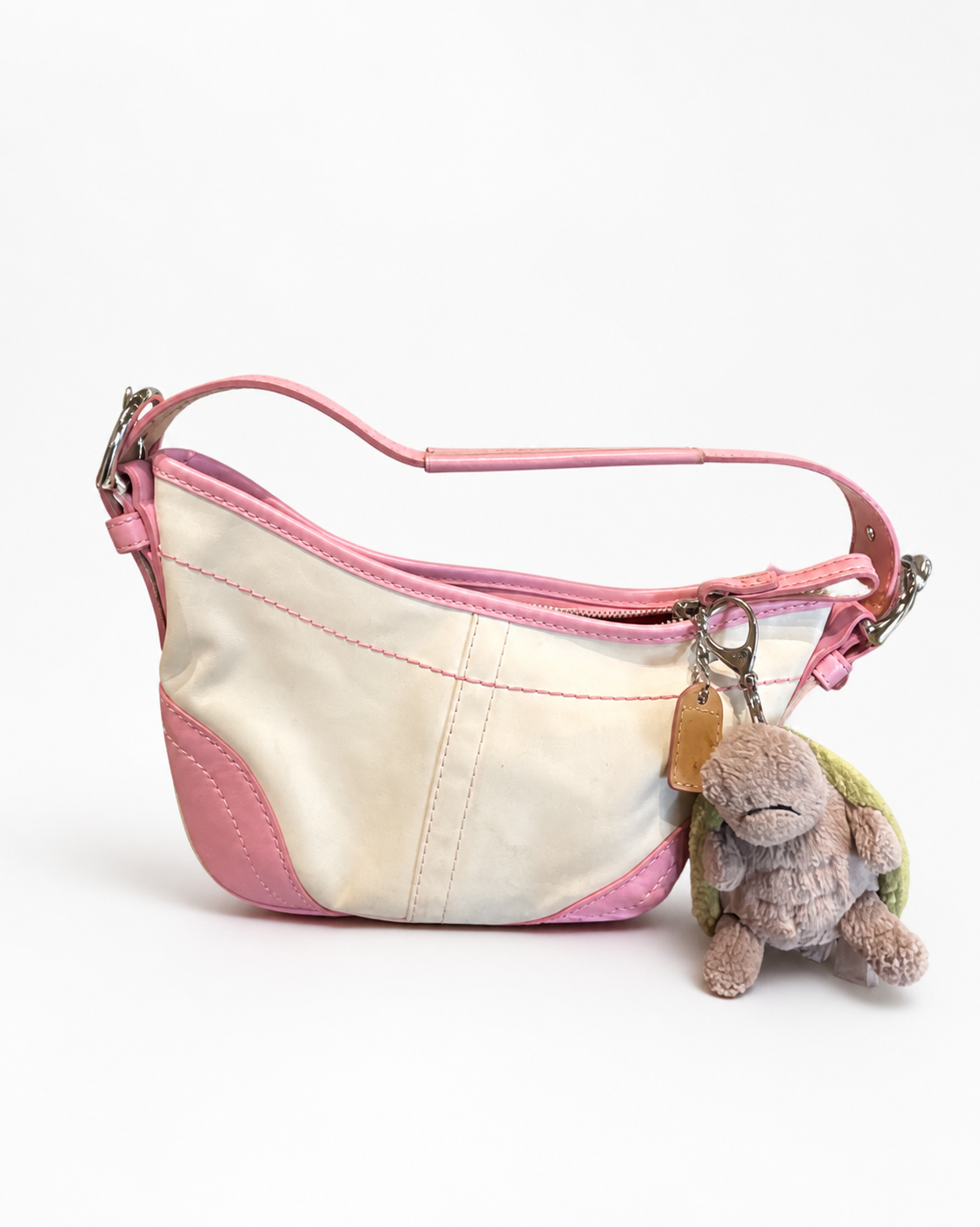 Pink and White Shoulder Bag with Plush Charm