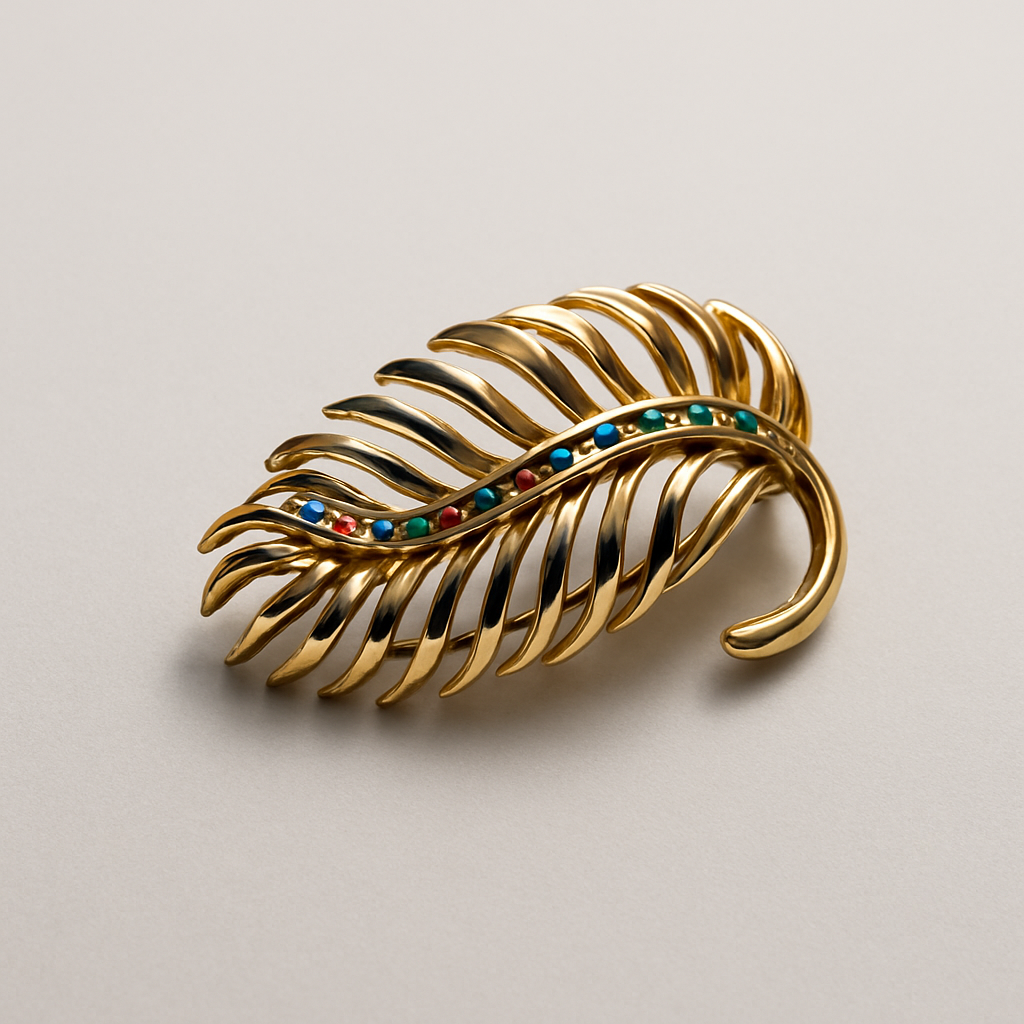 Vintage Feather Brooch with Rhinestone Accents
