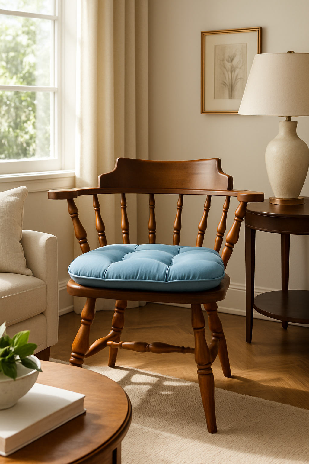 Vintage Wooden Armchair with Blue Cushion