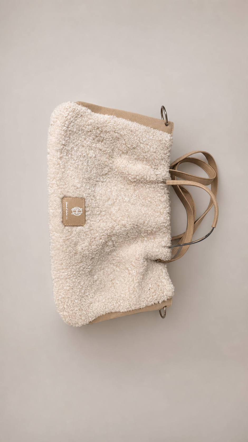 Faux Shearling Beige Tote Bag with Leather Straps