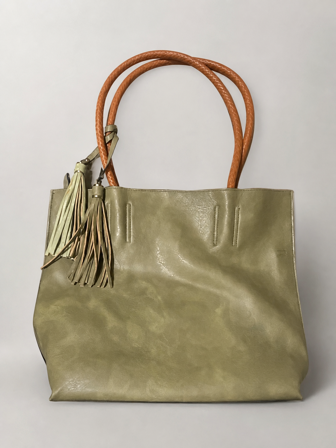 Olive Green Faux Leather Tote Bag with Tassels