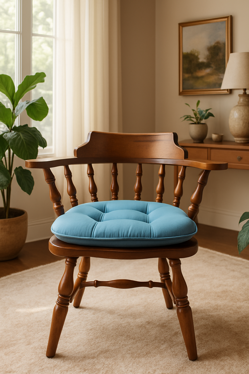 Vintage Wooden Dining Chair with Blue Cushion