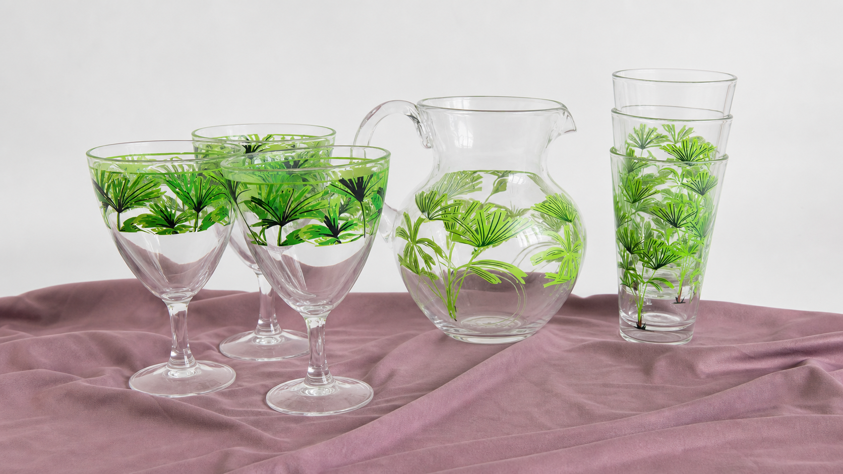 Tropical Palm Glassware Set with Pitcher