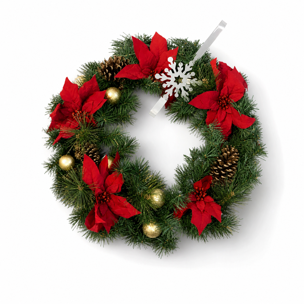 Festive Christmas Wreath with Poinsettias and Pinecones