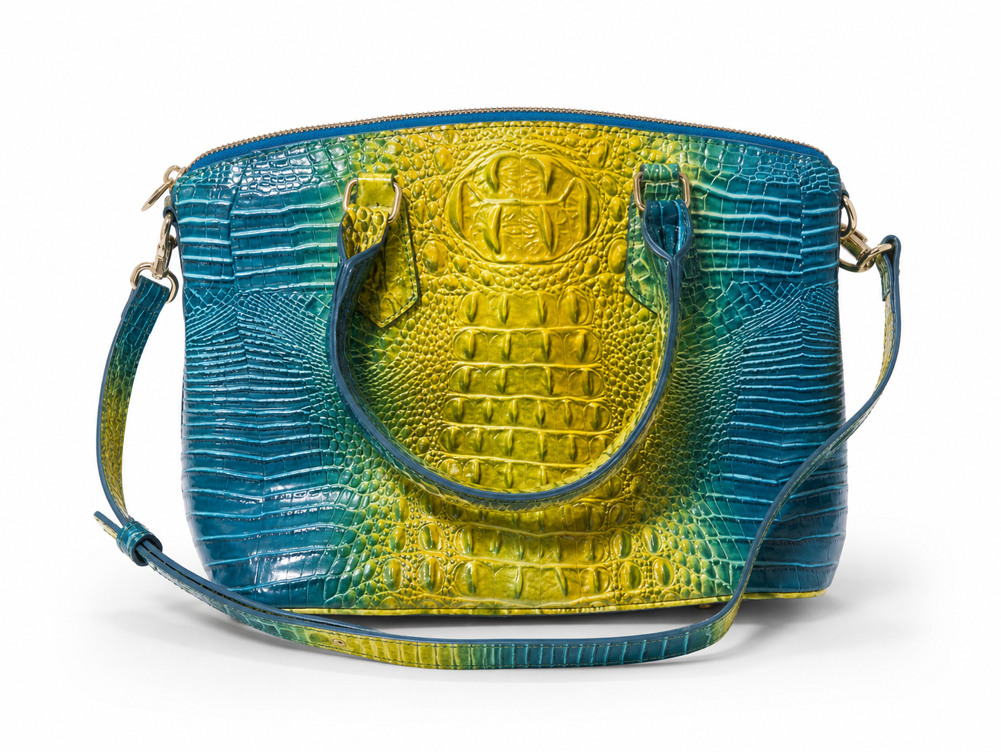 Croc-Embossed Multicolor Turquoise and Yellow Handbag